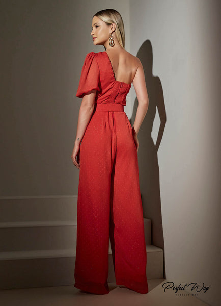 Red One-Shoulder Long Jumpsuit with Belt