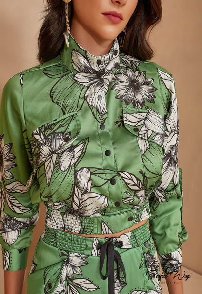 Green & Black Printed Blouse & Shorts Set