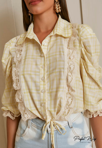 Yellow & Off-White Print Shirt with Guipure Detail