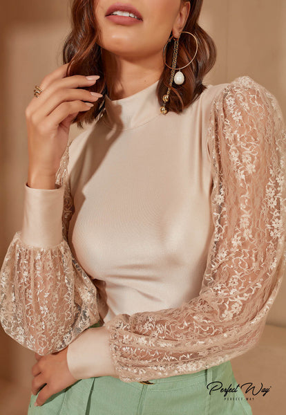 Beige Plain Bodysuit with Lace Sleeves