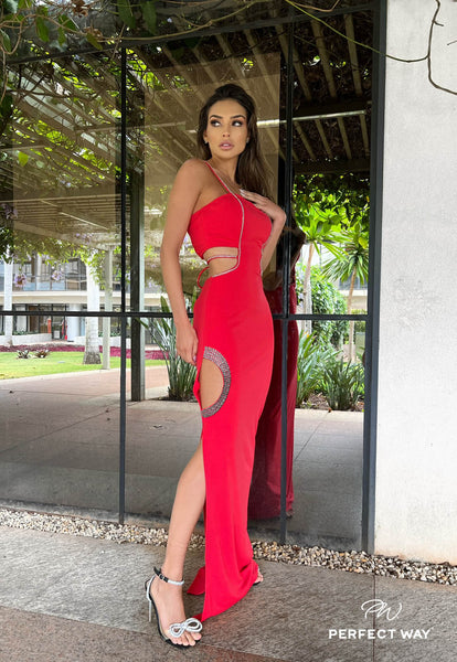 Red Long Dress with Hand Embroidery