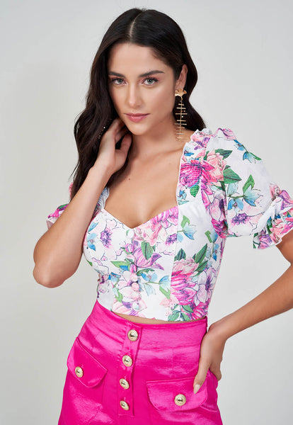 Off-White & Pink Print Blouse & Shorts Set