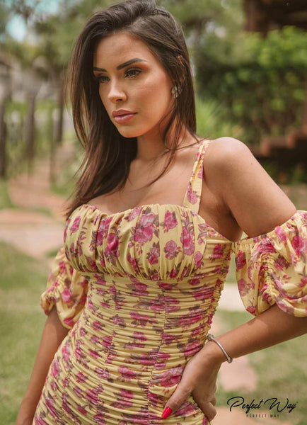 Yellow & Pink Floral Short Dress
