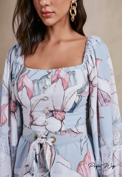 Gray & Off-White Print Dress with Belt