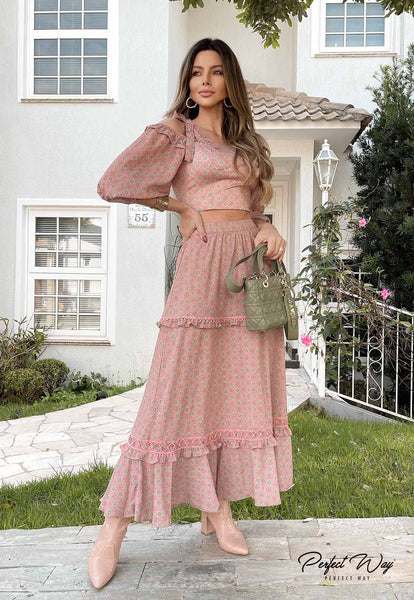 Rose & Blue Cropped Top & Midi Skirt Set
