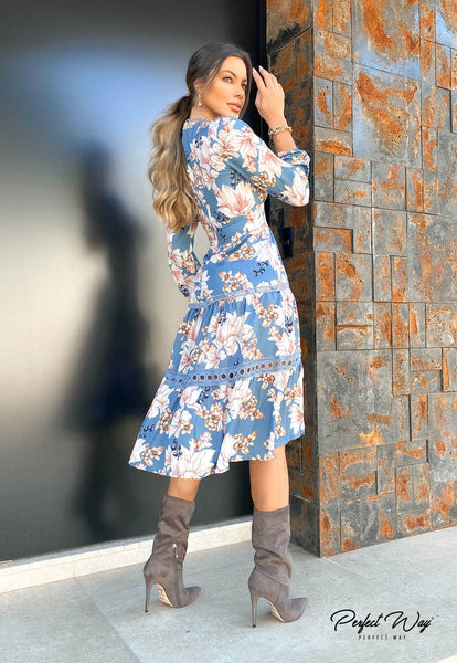 Blue & Off-White Print Midi Dress