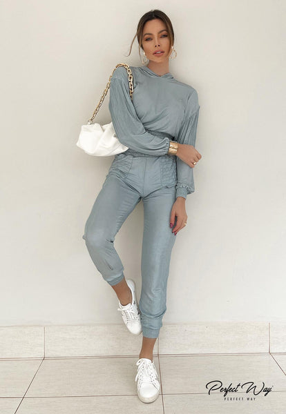 Blue Hooded Cropped Top & Pants Set with Details