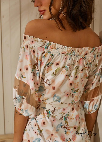 Off-White & Blue Loose Floral Print Dress with Belt