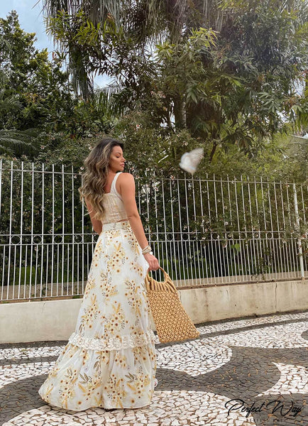 Yellow & Brown Print Cropped Top & Long Skirt Set