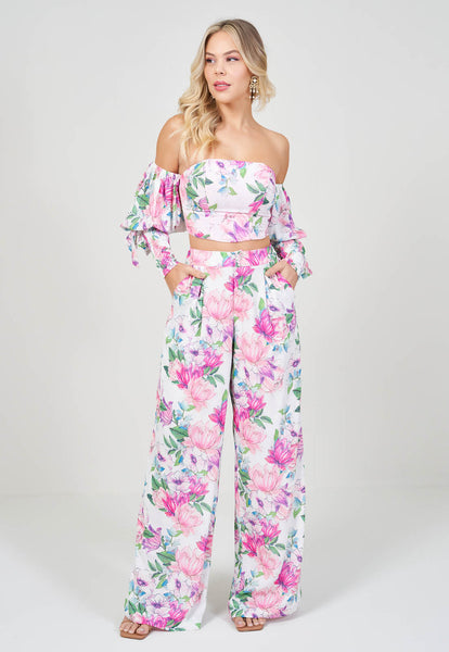Off-White & Pink Off-Shoulder Cropped Top & Wide-Leg Pants Set