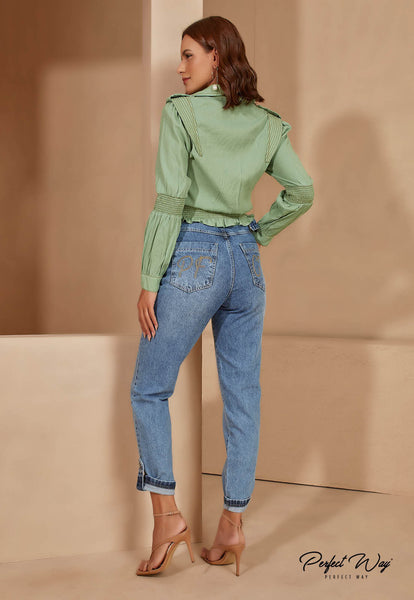Light Green V-Neck Button Shirt