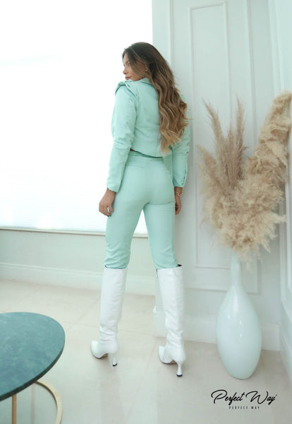 Green Blazer, Pants & Cropped Top Set with Details