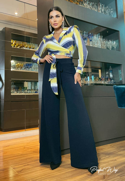 Green & Blue Print Wrap Cropped Top