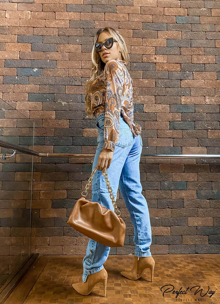 Orange & Brown Wrap-Front Print Bodysuit
