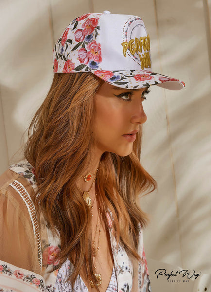 White & Pink Floral Print Cap