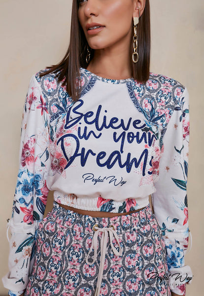 Pink Print Long Sleeve Cropped Top