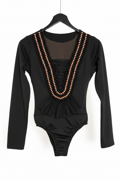 Black Hand-Beaded Deep V Mesh Bodysuit
