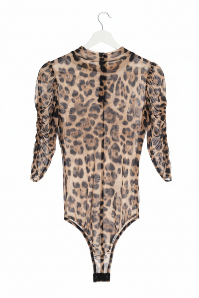Leopard Print Sheer Mesh Ruched-Sleeve Bodysuit – One Size