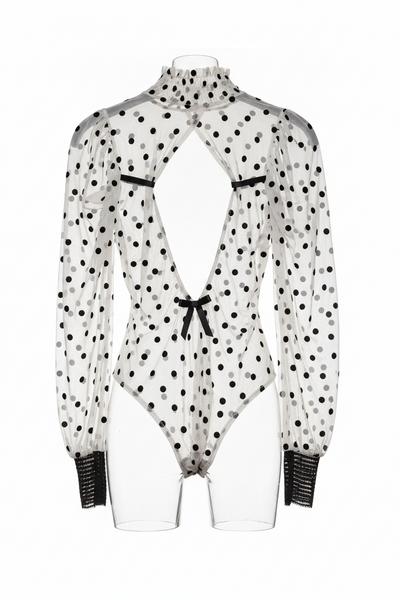 White Polka-Dot Sheer Mesh Open-Back Bodysuit