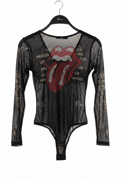 Black Rhinestone Graphic Sheer Mesh Bodysuit