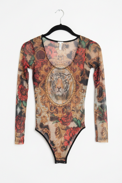 Multicolor Tiger Print Sheer Mesh Bodysuit