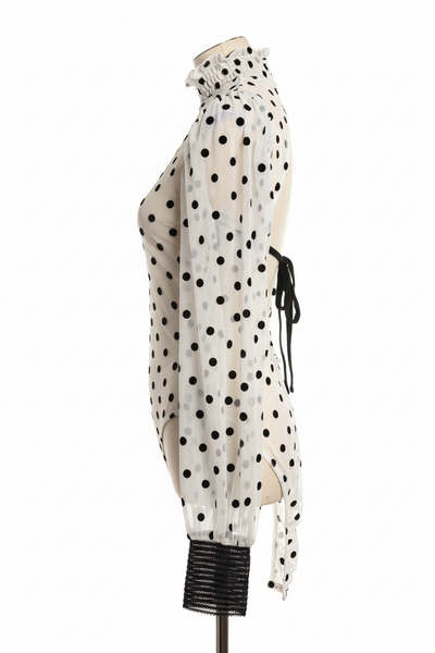 White Polka-Dot Sheer Mesh Open-Back Bodysuit
