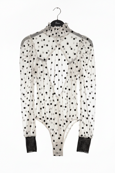 White Polka-Dot Sheer Mesh Open-Back Bodysuit