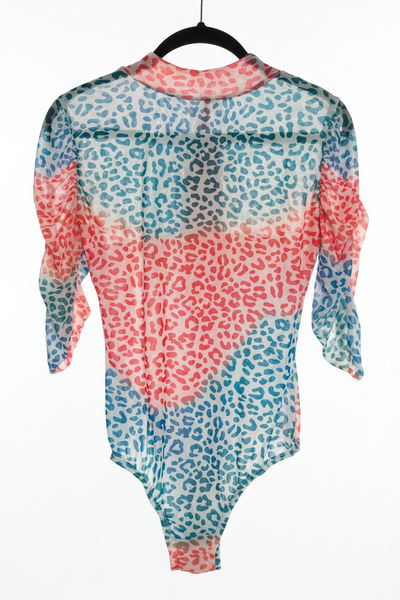 Multicolor Leopard Print Sheer Mesh Tie-Neck Bodysuit