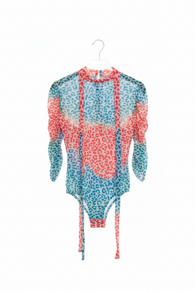 Multicolor Leopard Print Sheer Mesh Tie-Neck Bodysuit