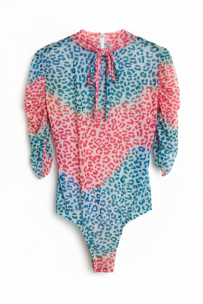 Multicolor Leopard Print Sheer Mesh Tie-Neck Bodysuit