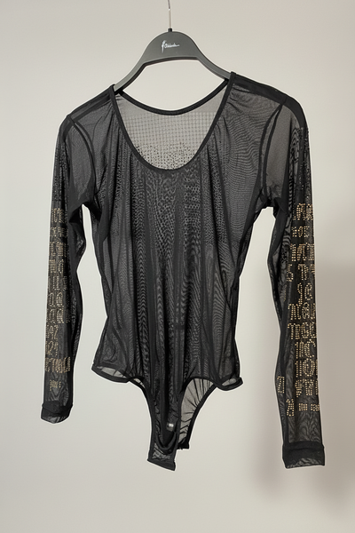 Black Rhinestone Graphic Sheer Mesh Bodysuit