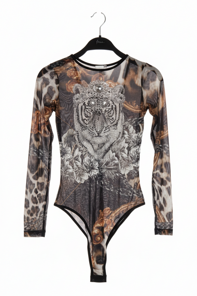 Baroque Animal Print Sheer Mesh Bodysuit – One Size