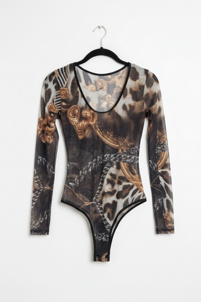 Baroque Animal Print Sheer Mesh Bodysuit – One Size