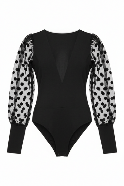 Black Polka-Dot Sheer Sleeve Bodysuit