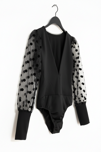 Black Polka-Dot Sheer Sleeve Bodysuit