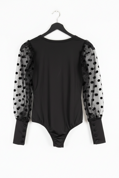 Black Polka-Dot Sheer Sleeve Bodysuit