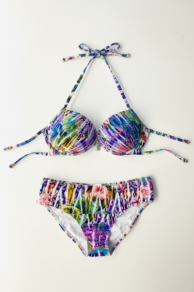 Multicolor Tropical Print Halter Bikini Set