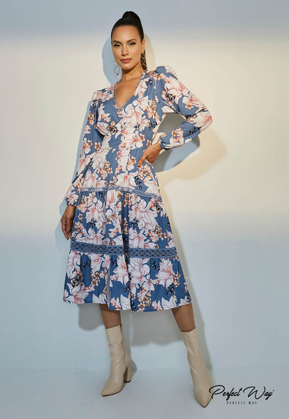 Blue & Off-White Print Midi Dress