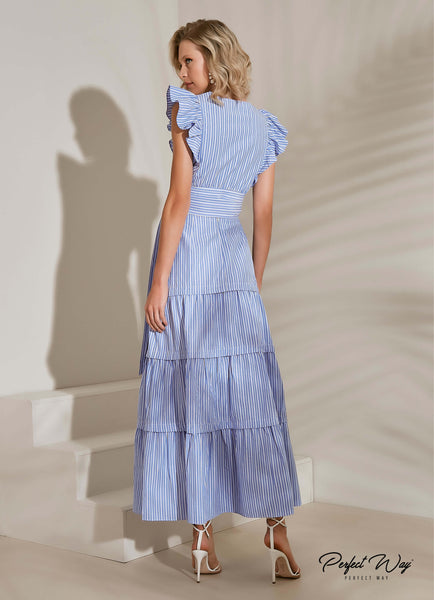 Blue & Off-White Striped Cropped Top & Long Skirt Set