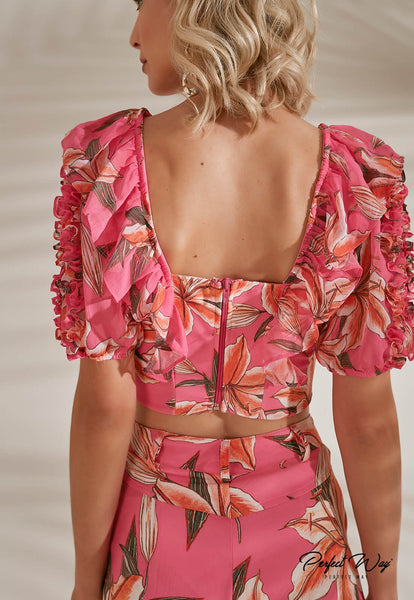 Pink & Orange Print Cropped Top with Details