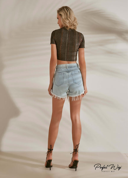 Gold Lurex Mock-Neck Short-Sleeve Crop Top