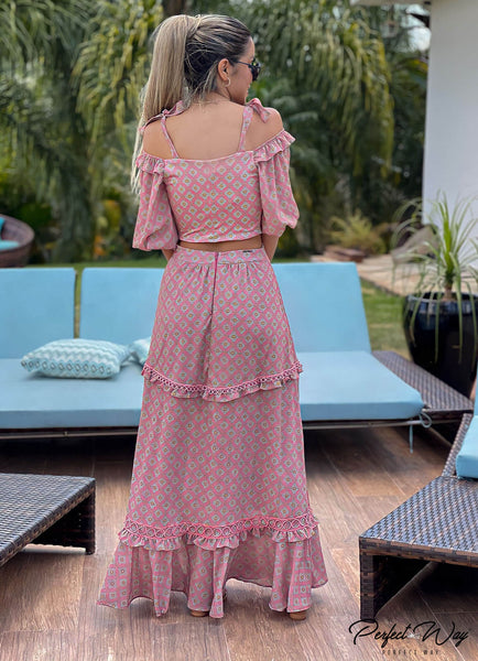 Rose & Blue Cropped Top & Midi Skirt Set