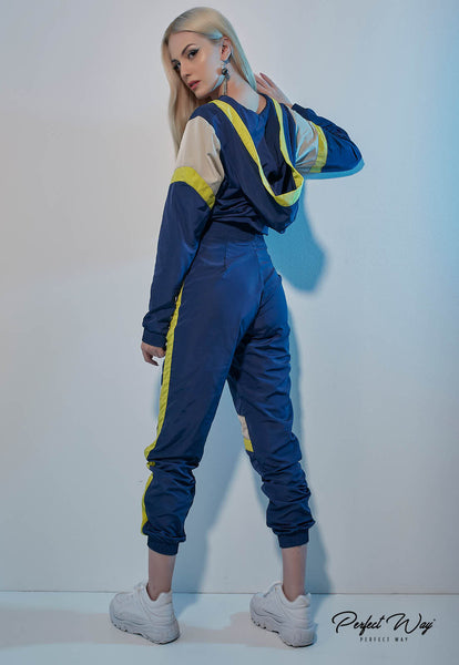 Blue & Yellow Two-Tone Jacket & Pants Set with Print