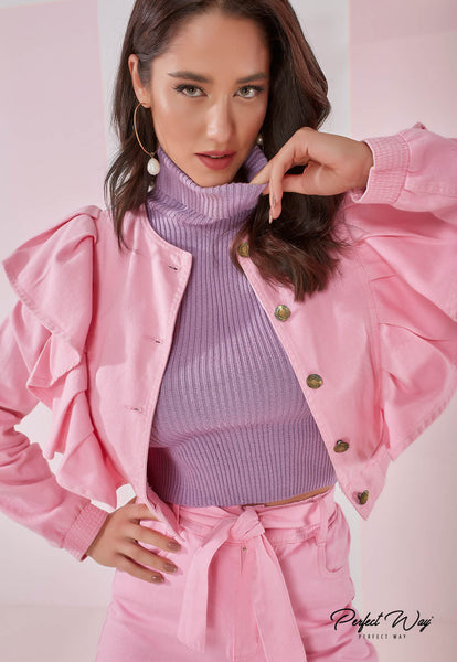 Pink Cropped Twill Jacket with Buttons