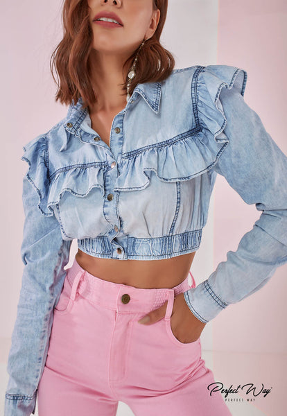 Blue Cropped Denim Shirt