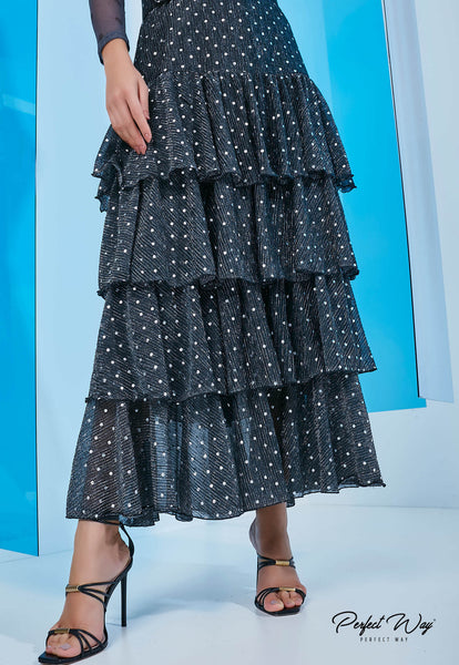 Black Exclusive Print Blouse & Tiered Long Skirt Set