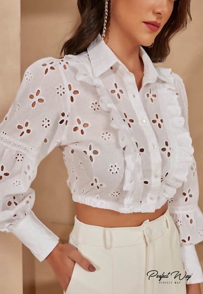 White Large Floral Cropped Shirt with Trims