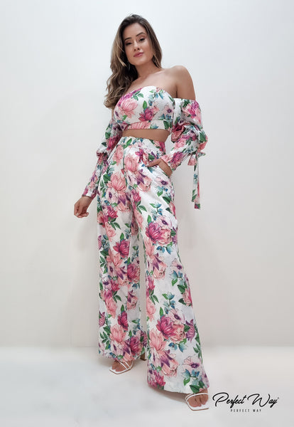 Off-White & Pink Off-Shoulder Cropped Top & Wide-Leg Pants Set