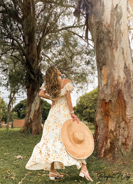 Yellow & Brown Print Mullet Midi Dress with Belt