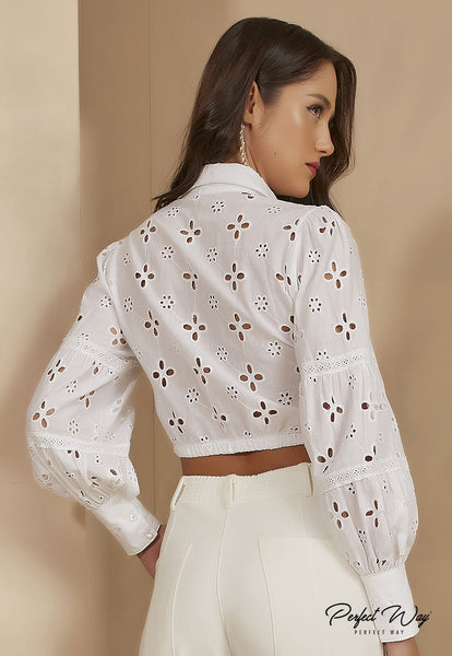 White Large Floral Cropped Shirt with Trims